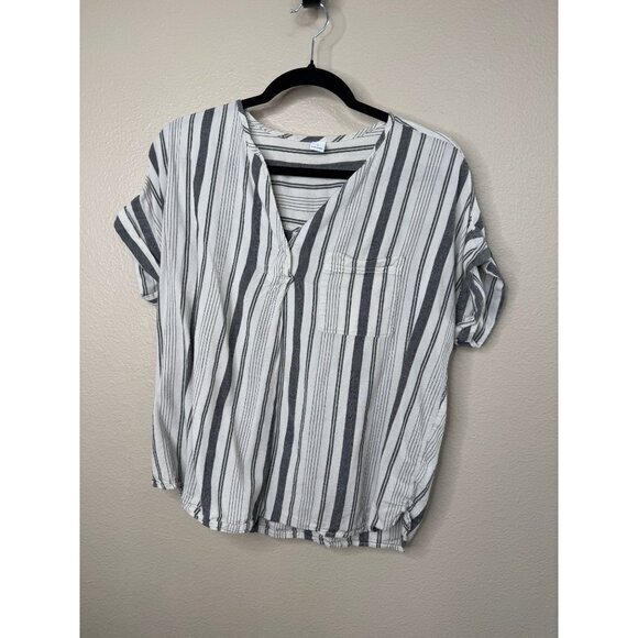 Old Navy Women's White/Gray Blouse Size S short sleeve v-neck pullover cotton - Picture 2 of 6